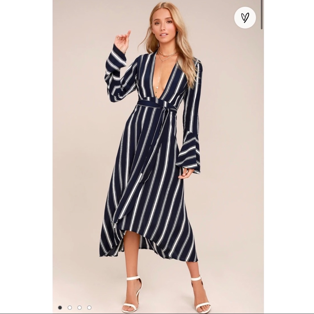 Faithfull the Brand Carioca Navy Blue Striped Wrap Dress